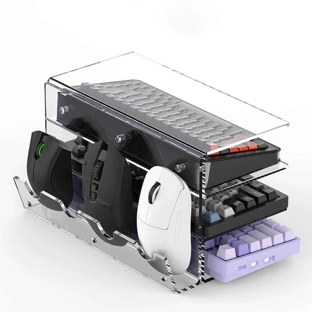 Rack de armazenamento de teclado e mouse acrílico, teclado de 3 camadas, organizador de mesa, prateleira de teclado para casa e escritório