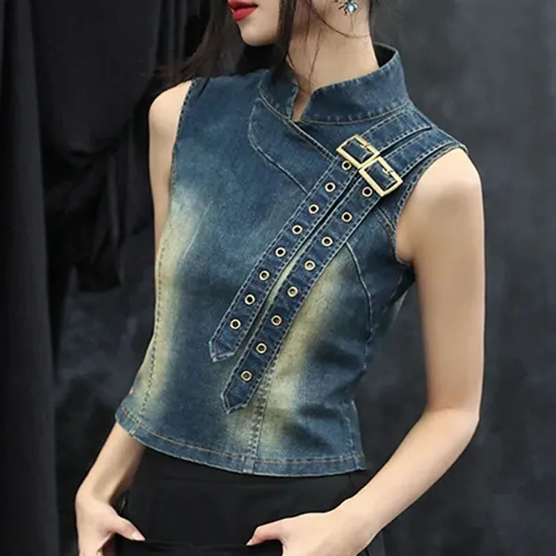 

Women's Sexy Short Tank Crop Top 2024 Summer Denim Fabric Sleeveless Delicate Bandage Bustier Vest Ladies Skinny Jeans Bralette