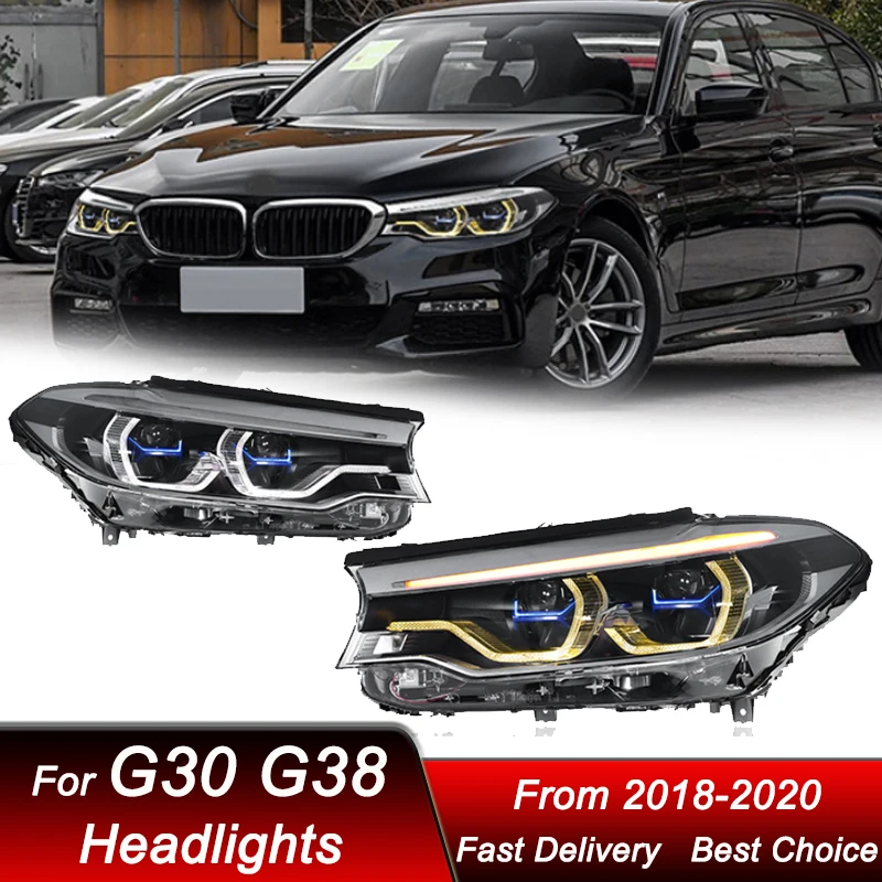 

Поп-автомобильные фары для BMW 5 серии M5 G30 G38 2018-2023 Yewllow DRL светодиодные фары в сборе, обновление линз проектора, аксессуары Ki