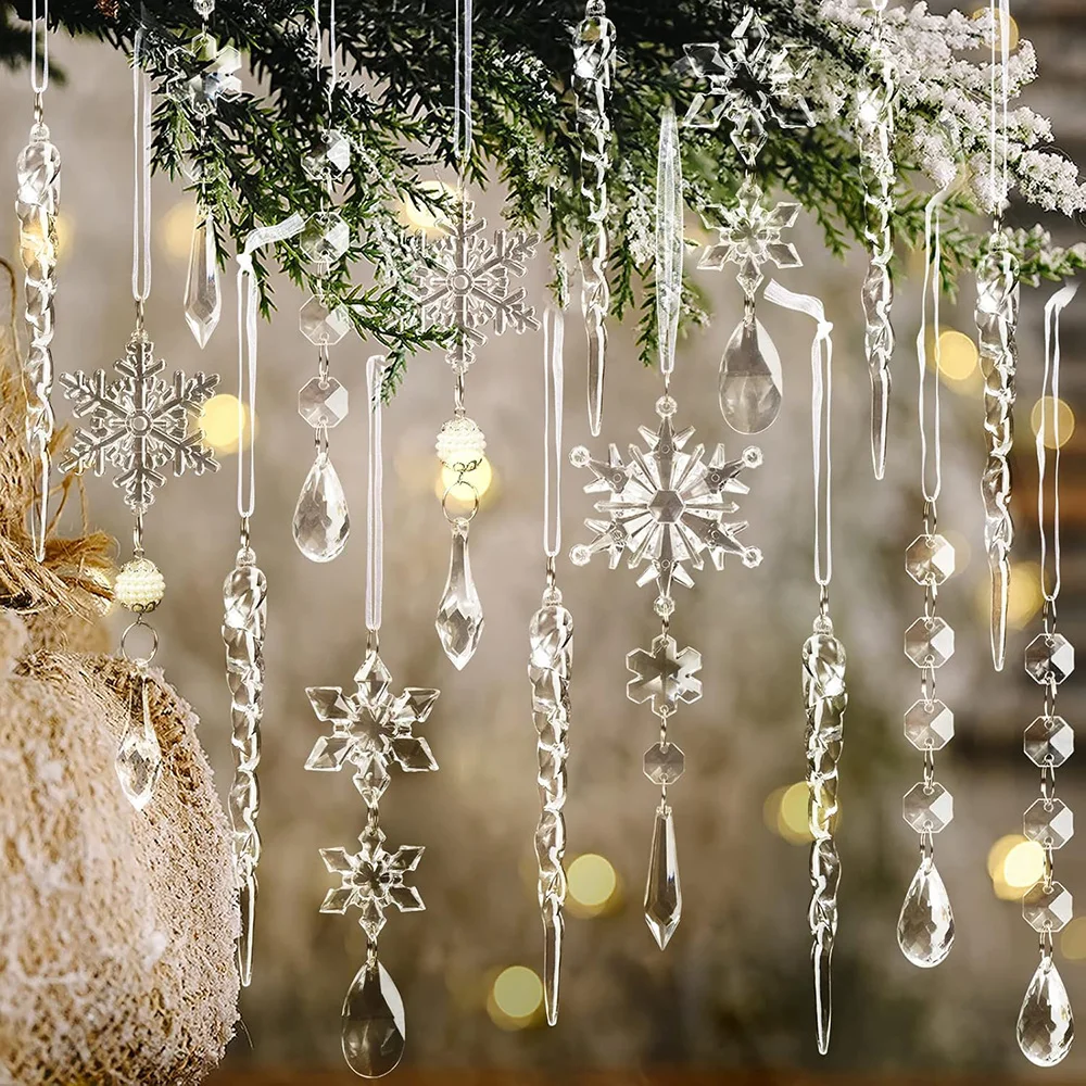 18/36/54 Pcs Christmas Tree Decoration Crystal Ornaments Hanging Acrylic Snowflake Icicle Drop Ornaments Christmas Winter Decor