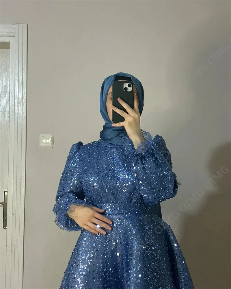 OIMG Glitter Lace Beads Evening Dress Sparkly Beading Pleats Formal Prom Dress High Neck Full Sleeves Wedding Party Gown