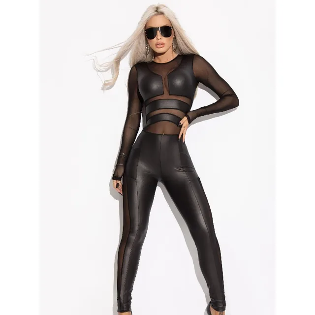 Krisnanas Leather Jumpsuit Split-Joint Mesh O-Neck Wrap Tight Butt Fitting Legging Sportswear Bodysuit Woman Clothes 93128