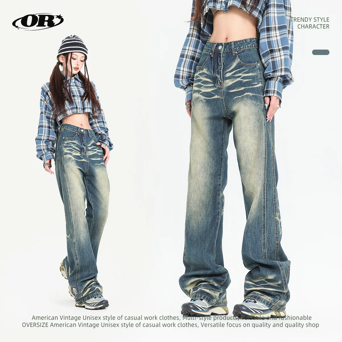 

OR FL Autumn And Winter Collection Trendy Brand 88 Cotton Women Jeans Cat Whiskers Aging American Retro Staraight Trousers Y2k