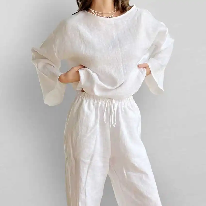 

Новый свободный комплект из топа и брюк с длинным свеком, домашняя одежда, удобная дышащая летняя одежда из тонкого материала, круглый, повседневная сцена