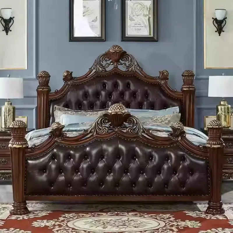 European-style pure solid wood double bed, 1.8m x 2m, American-style large pillar bed furniture, custom-made