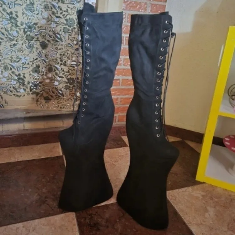 SHOFOO Sexy women's high heels boots. Black suede boots. Knee high boots. About 40cm heel height. Strange style. Lace up boots.