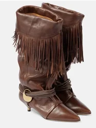 2025Women's Autumn and Winter New 5cm Slim Heel Fringed Calf Boots with Pointed Pleats, Women's Knight Boots, Mid Leg Boots