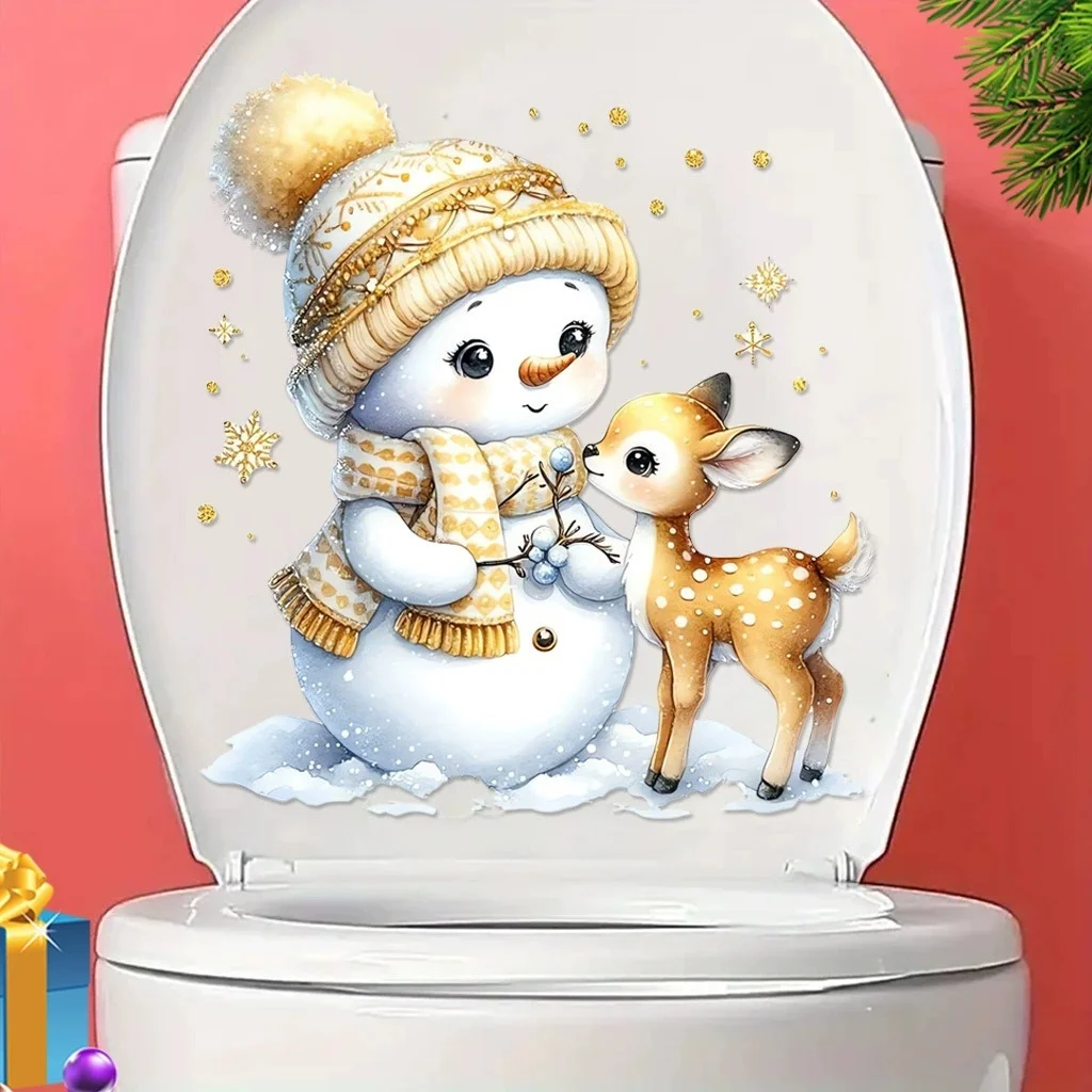 Gold Snowman Deer Wall Stickers For Christmas Bathroom Decoration Mural New Year Toilet Home Decor Self-adhesive Decals