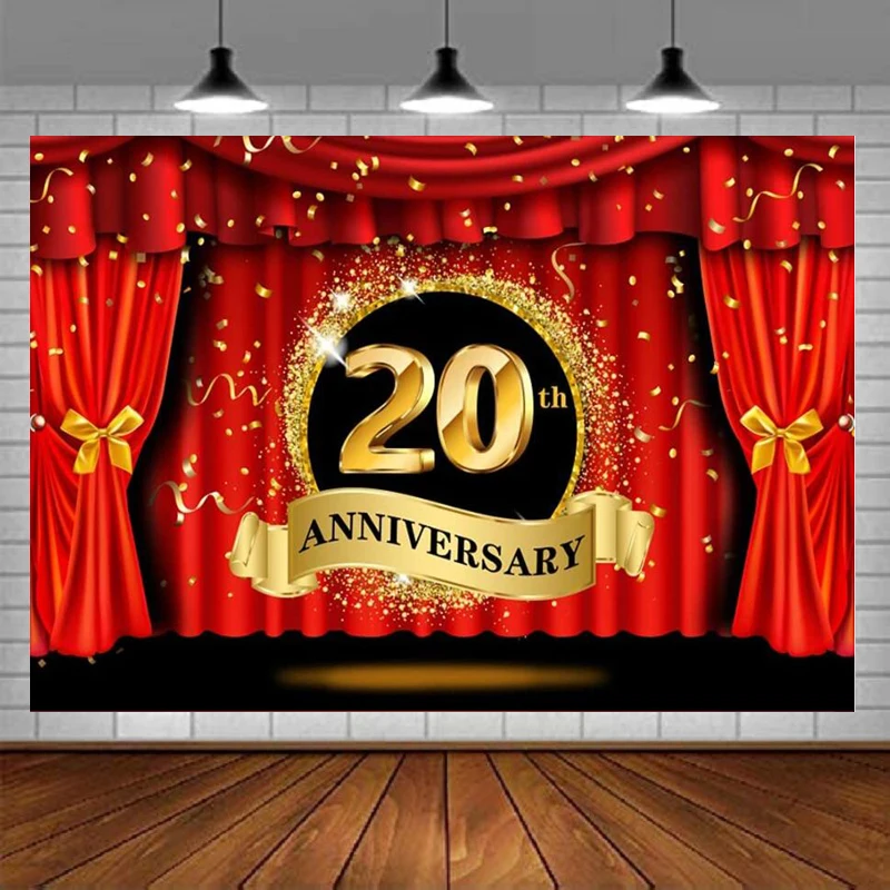 سعيد 20th الذكرى التصوير خلفية فاخرة المرحلة الأحمر الستار بريق البقع الذهبية خلفية عاشق زوجين حفل زواج