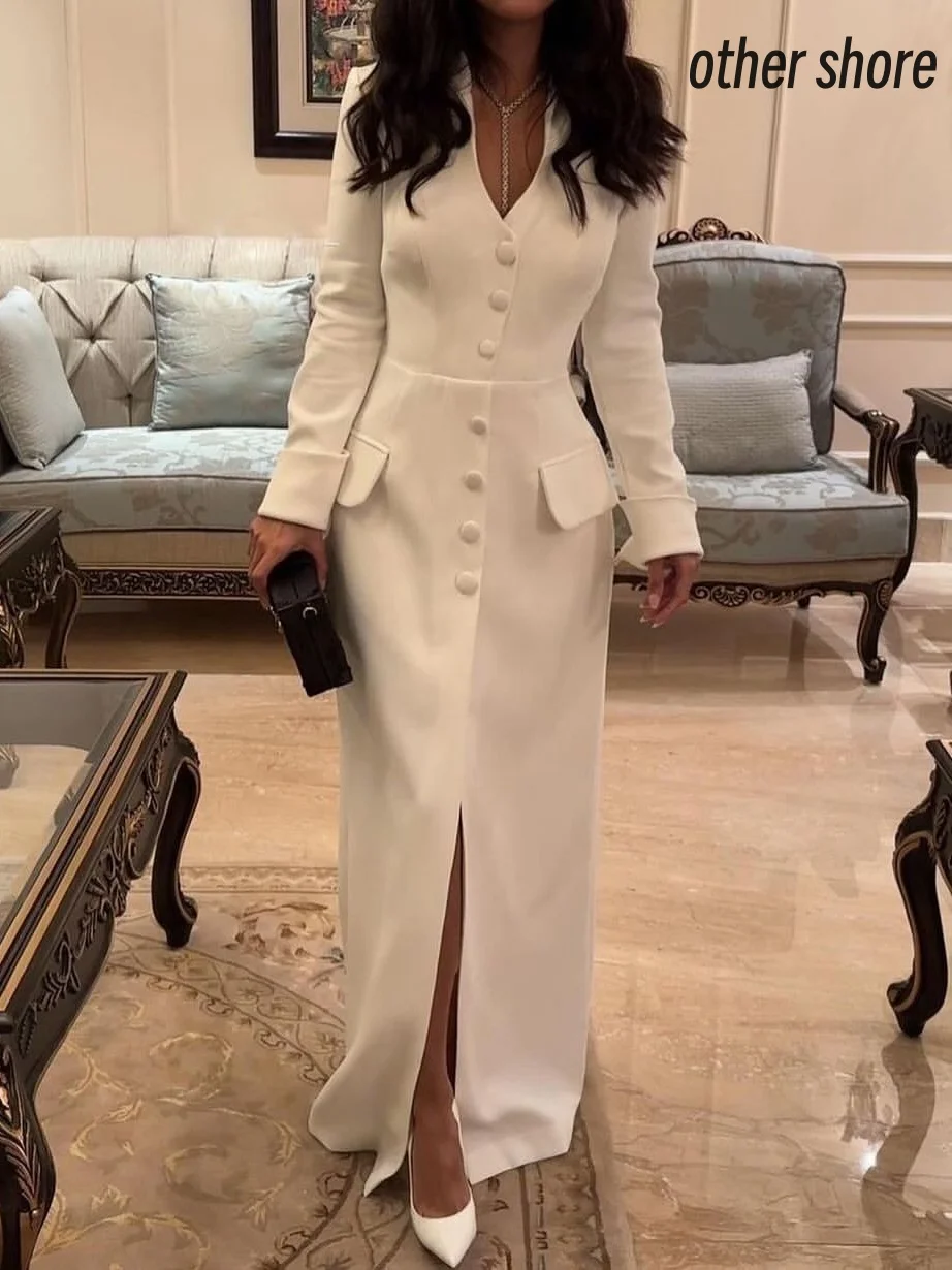 Other Shore Elegant Vintage Simple Ivory Button V-Neck Customize Formal Occasion Prom Dress Evening Party Gowns