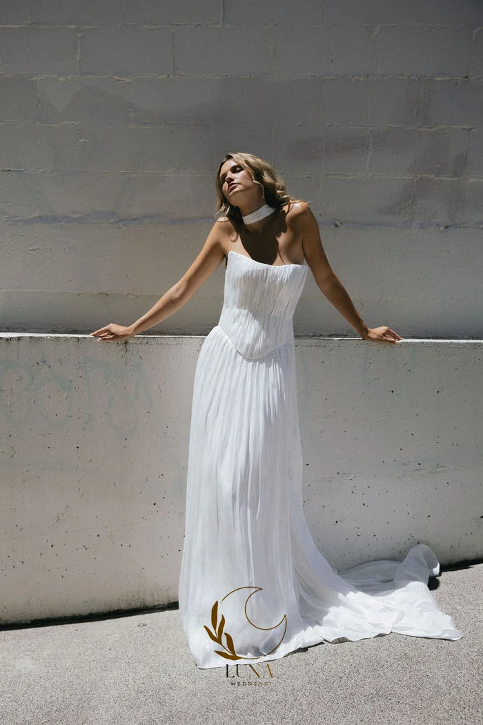 Luna Modern Wedding Dresses Pleated Satin Bridal Gown Corset Back A Line Floor-Length Bridal Party Dress wirh Scraf