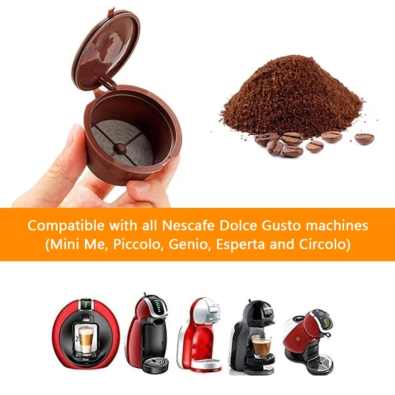 Reusable Coffee Capsules Filter Cup Dispenser for Nescafe Dolce Gusto Refillable Coffee Capsules with Spoon Cleaning Brush Kit