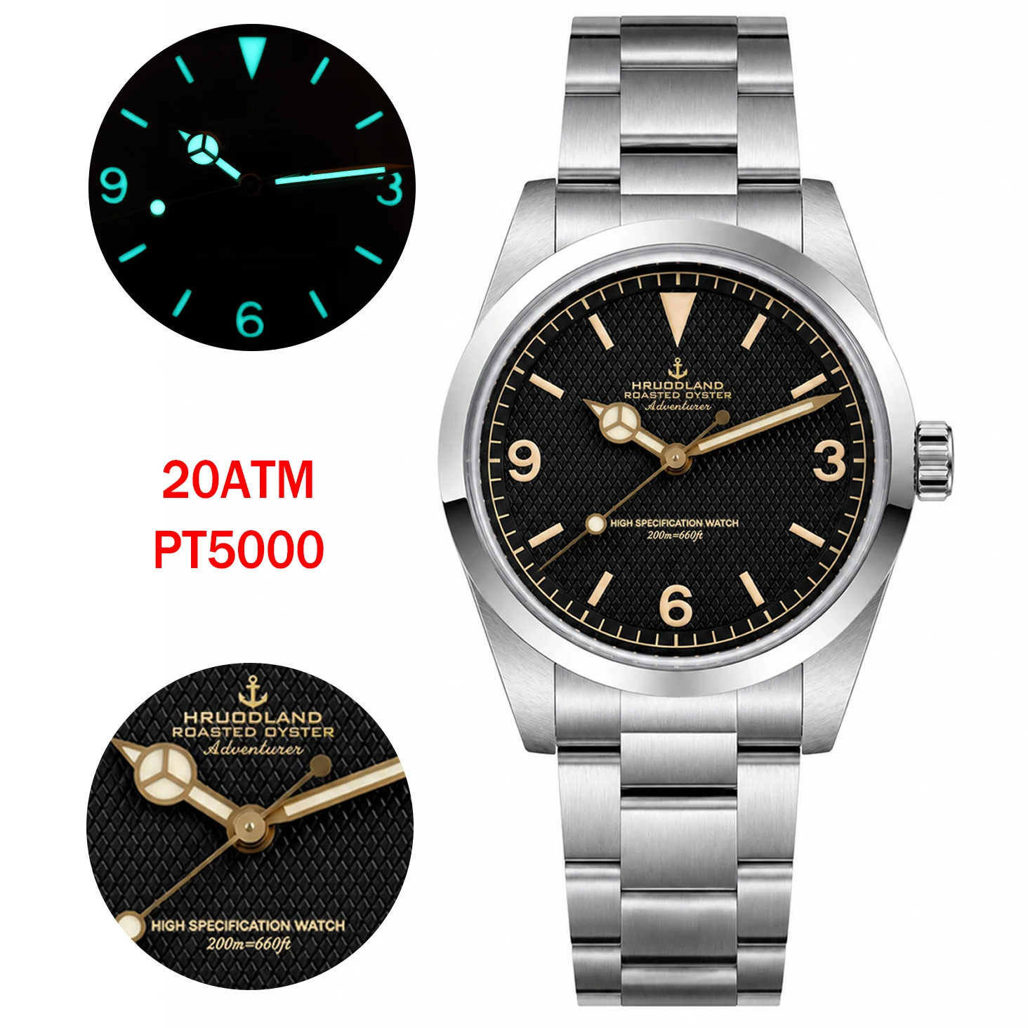 Мужские автоматические механические часы HRUODLAND Adventurer Style PT5000, водонепроницаемость 200 м, сапфировое стекло, винтажные спортивные часы для активного отдыха.