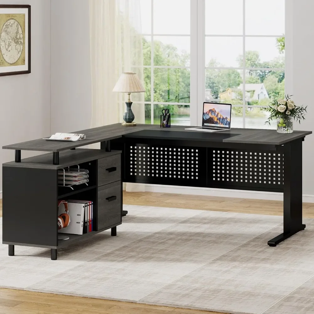 

63 Inch Executive Desk with File Cabinet, Large Office Desk L Shaped Computer Desk with Drawers and Storage Shelves