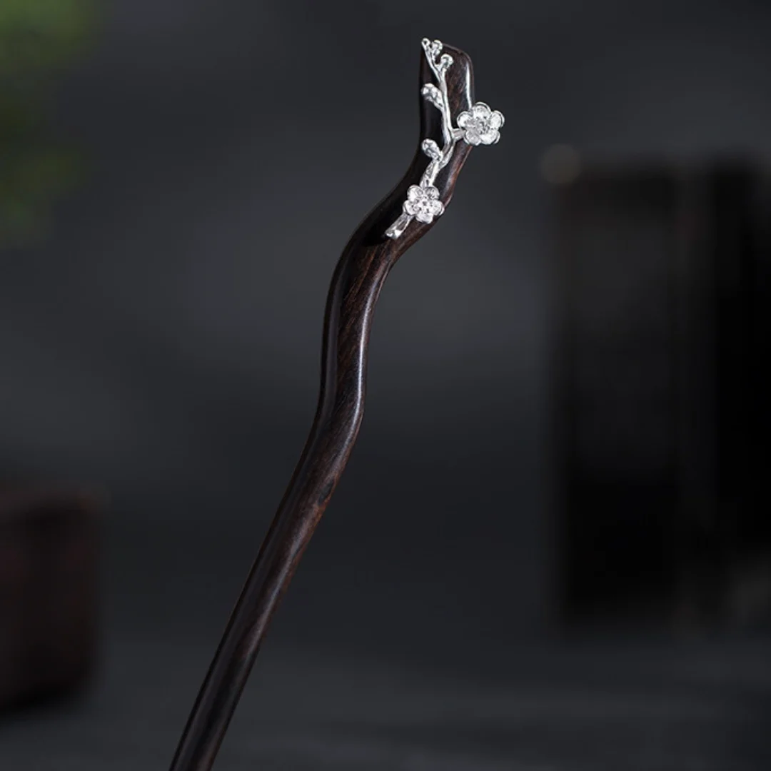 

New 100% S925 Pure Silver Women's Men Retro Hairpin Ebony Wood Plum Blossom Chinese style Hanfu Hair Accessories Jewelry