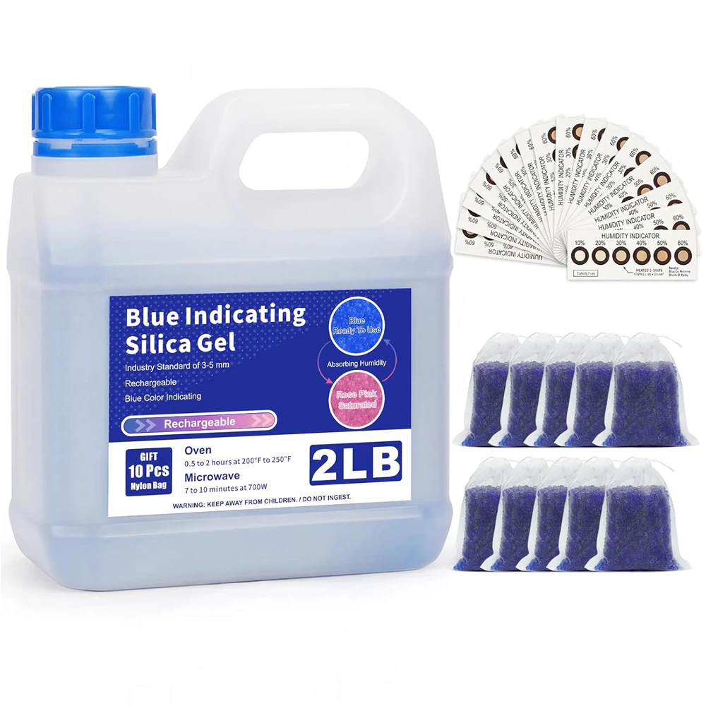 

2LBS Blue Silica Gel Beads Bundle, Indicating Desiccant Humidity Test Cards, 3D Printer Desiccant & Reusable Moisture Absorber