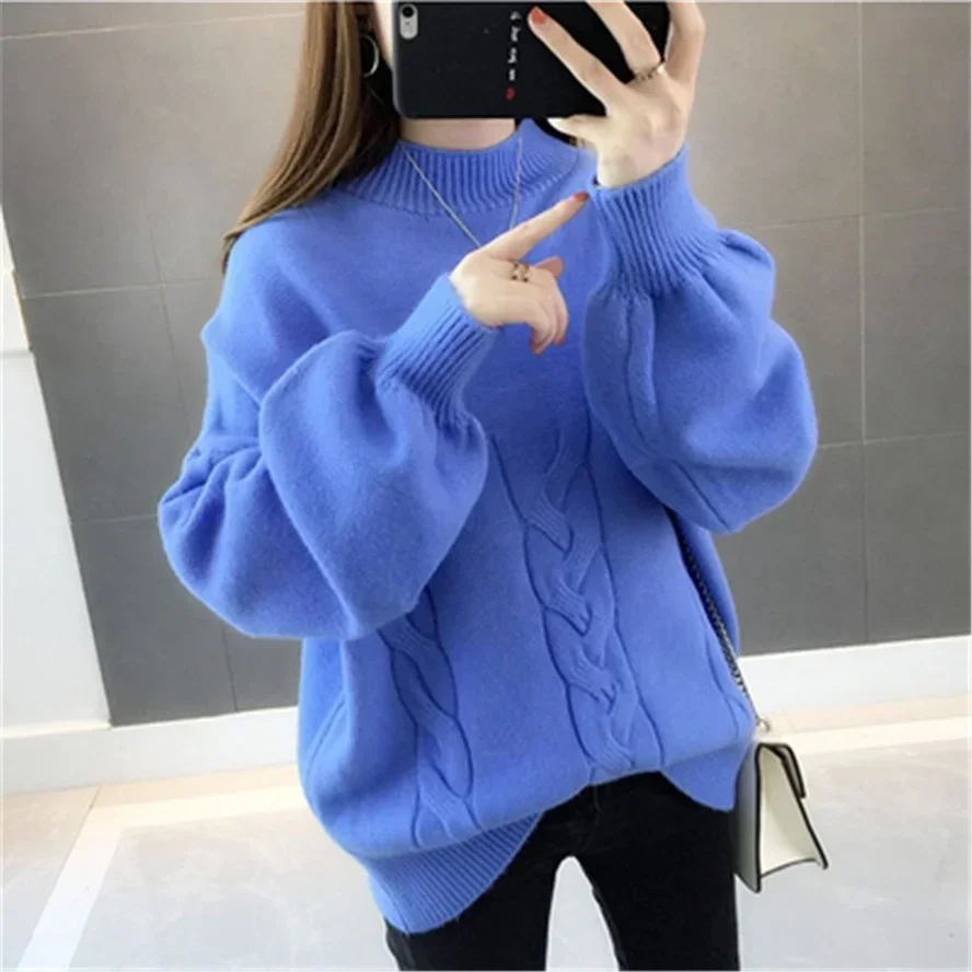 

Korean Winter Women Sweater Half Turtleneck Lantern Sleeve Knit Pullover Loose 5XL Fashion Jumper Tops 2022 Pull Z2697