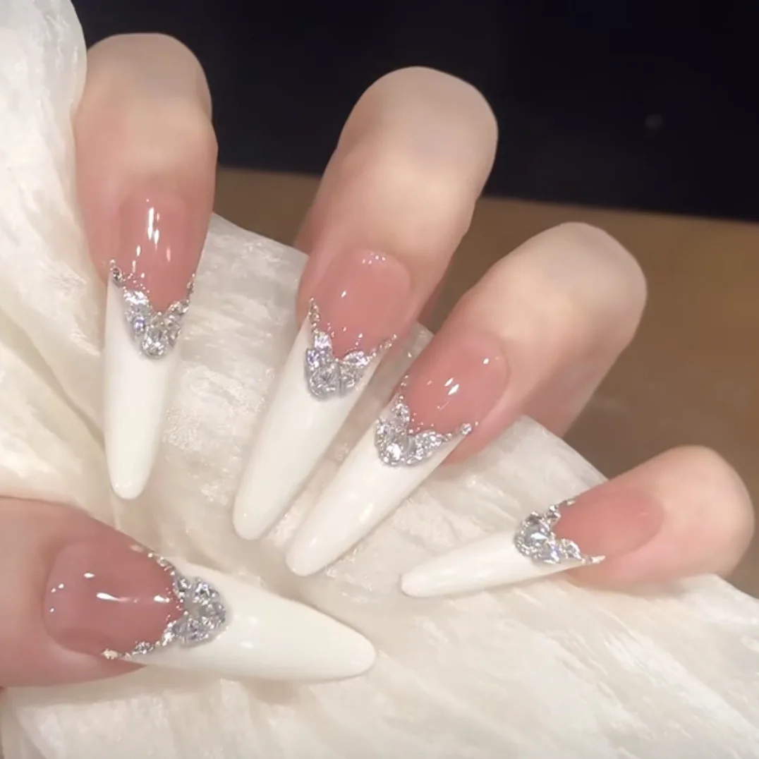 

10pcs Handmade White French Long Oval Fake Nails Simple Nude False Nail Tips with Diamond Design Press on Nails for Women＆girl