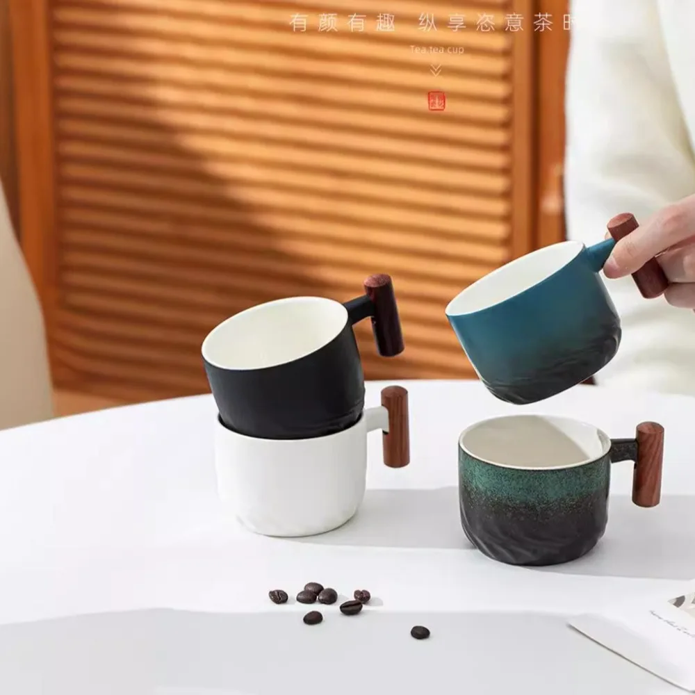 

Creative Ceramic Retro Coffee Cup Wooden Handle Kiln Design Office Water Cup Handmade Filter Tea Mug Home Office