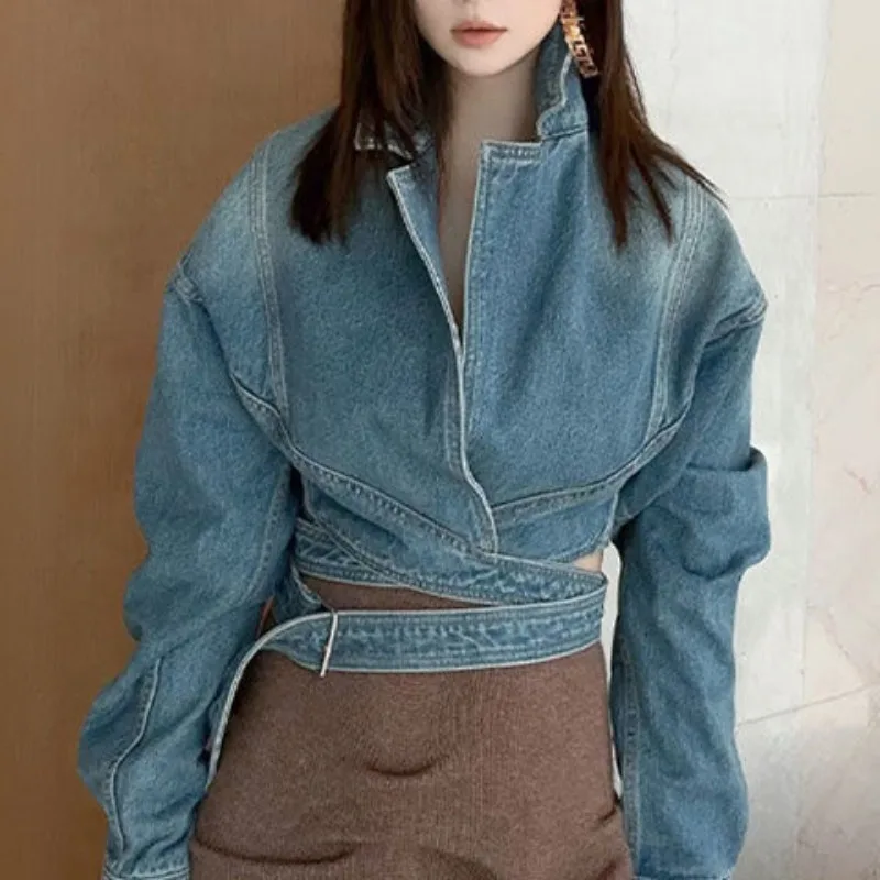 Y2k Blue Washed Vintage Long-Sleeve Denim Jacket Belt Autumn New Loose Unique High-Street Cropped Top Jeans Coat Streetwear New