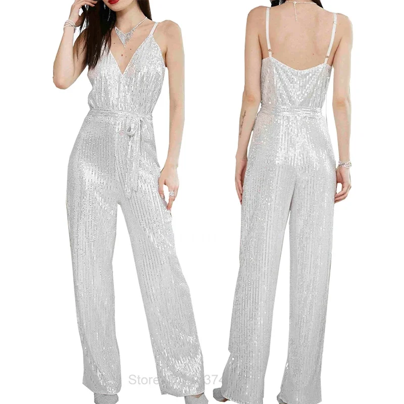 ค็อกเทลJumpsuitเลื่อมแขนกุดRompersหญิงJumpsuitชุดElegantตรงผู้หญิงBodysuits Evening Glitter