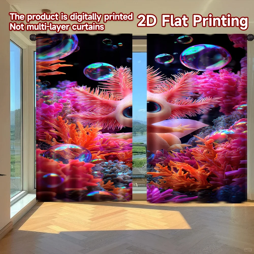 

2D плоская цифровая печать, 2 шт. штор для окон с милым аксолотлем в коралловых тонах, полиэстеровые занавески для дня рождения и фотозон