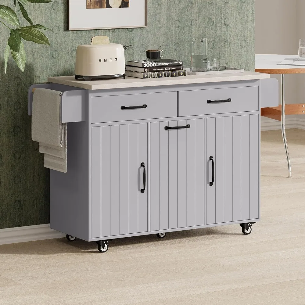 Kitchen Island with Drop Leaf and Trash Can Storage Cabinet, Kitchen Cart Organizer with Drawer,Grey，Kitchen Islands & Trolleys