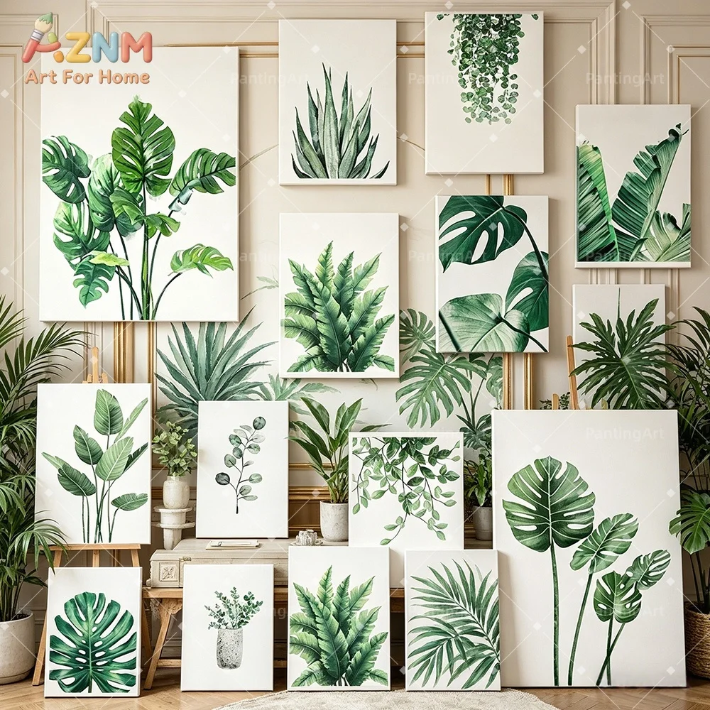 AZNM Watercolor Green Tropical Leaf Canvas Wall Art Monstera Palm Botanical Minimal Fresh Plant Home Decor Unframed Canvas Poste