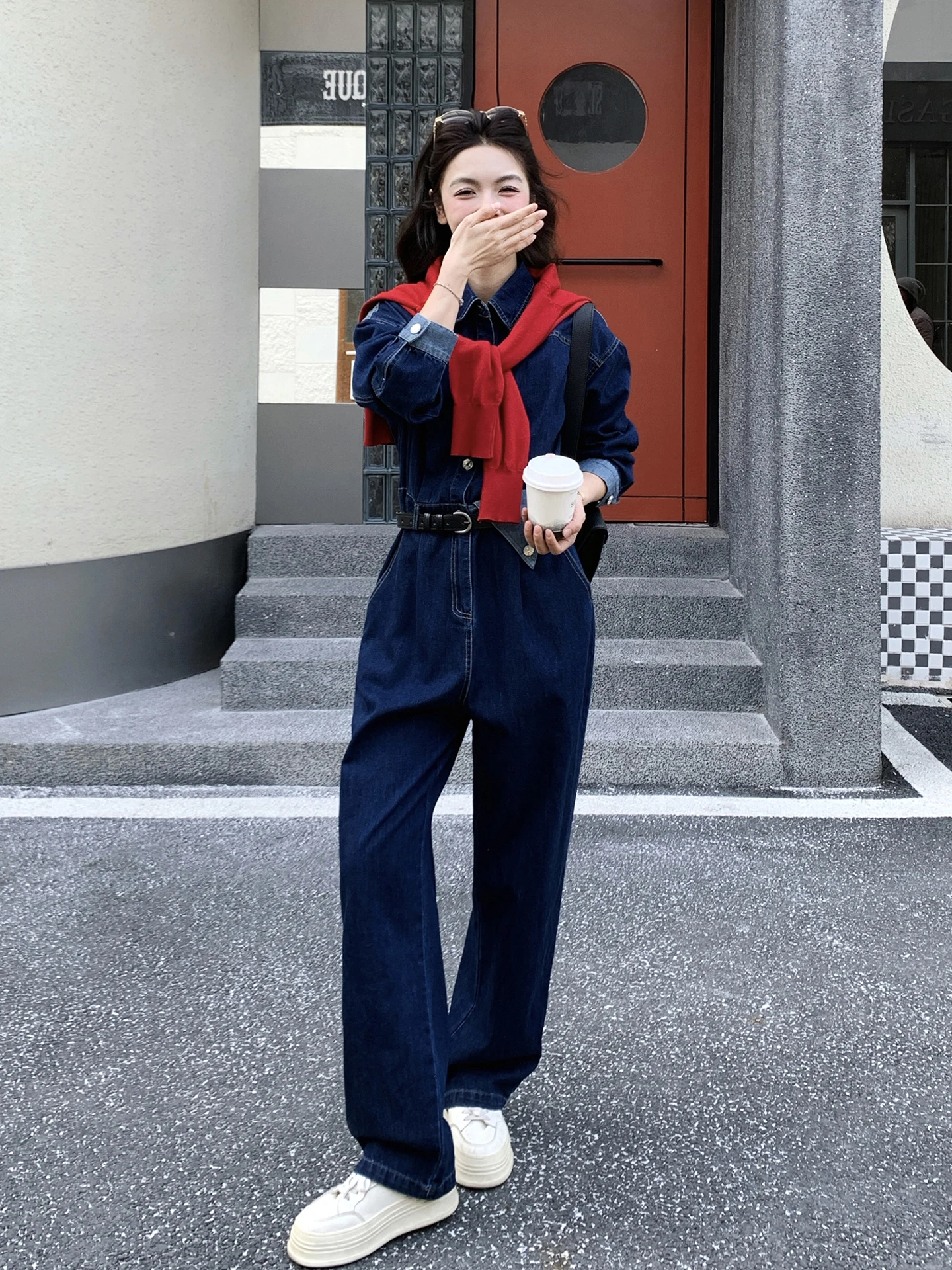 

Sli Casual One-Piece Pants for Women Early Spring New Deep Blue Denim Collar Single Button Color Blo High Waist Casual ...