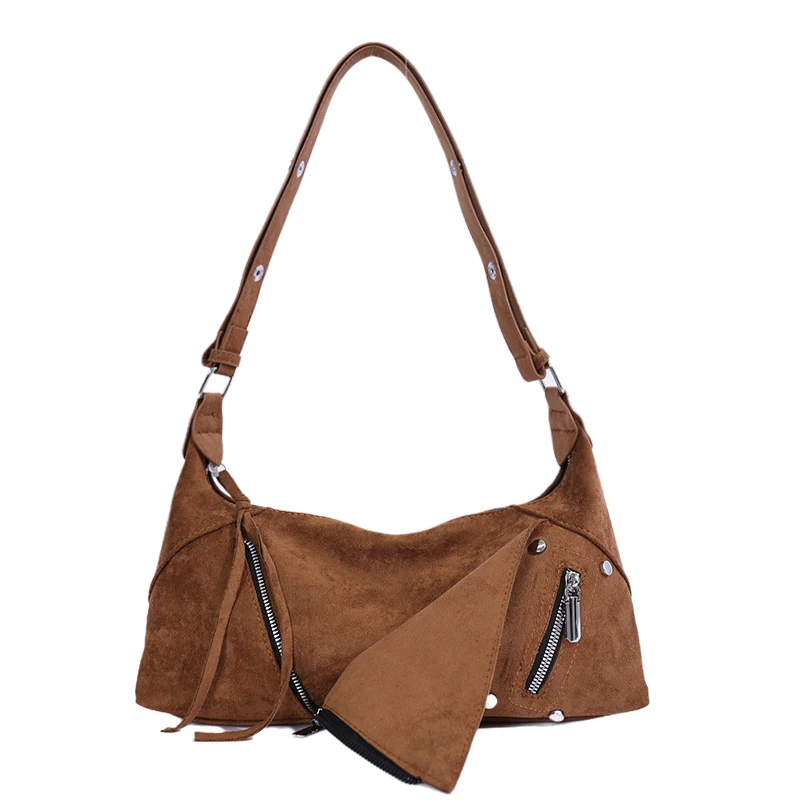 Vintage Faux Suede Underarm Bag For Women Y2K Zipper Rivet Design Hobo Shoulder Handbag Daily Use