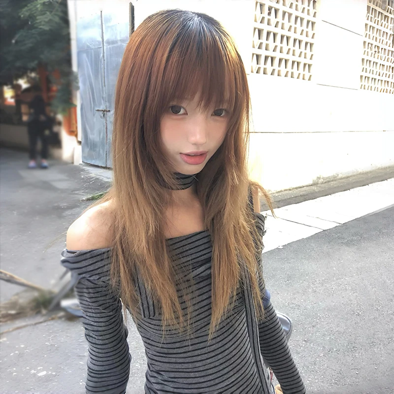 Karrram اليابانية Y2k قبالة الكتف محبوك القمم 2000s نمط كم طويل تي شيرت مخطط مع وشاح خمر Harajuku تريكو 90s #5