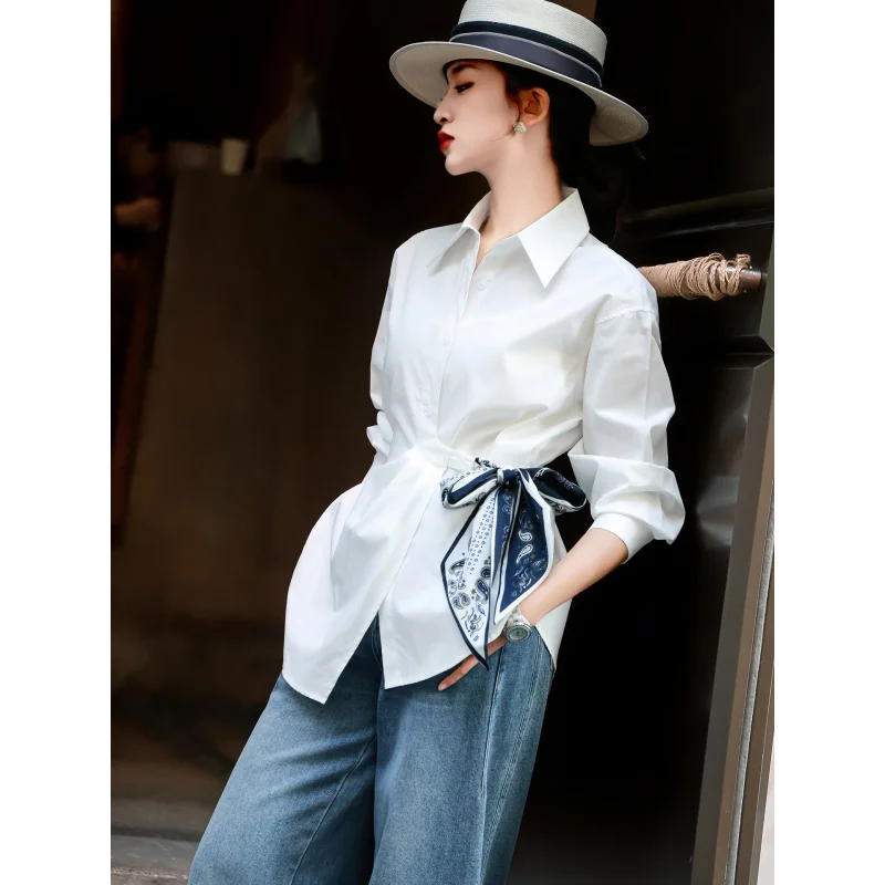 

MEXCOCO 2026Spring new stylish design bow tie silk scarf three-quarter sleeve waist-cinching commuter shirt top
