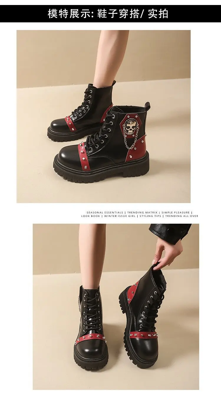 Frauen Punk Stiefeletten Plattform Schnalle Design Damen Stiefel Schnüren Blockabsatz Schuhe Metall Dekoration Casual Outdoor Stiefel 42 – Detail 8