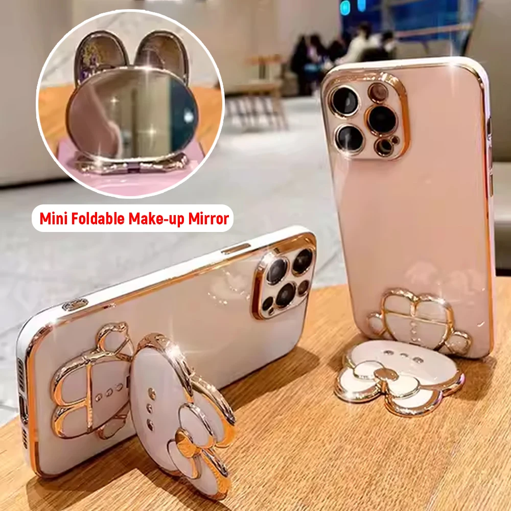 

360° Rotating Make Up Mirror Plating Phone Holder Case Universal Mobile Phone Stand Rabbit Foldable Desktop Small Stand Case