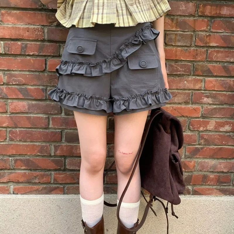 New Sweet Preppy Style Fungus Woman Pants Casual High Waist Pocket All-match Pantalones Slim Personalized Elegant Pants