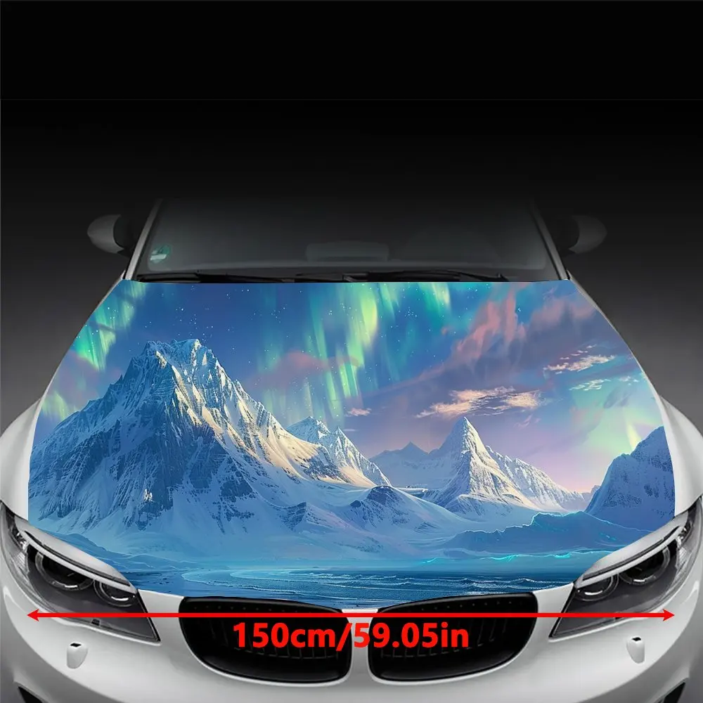 Green Aurora Snow Mountain Print Car Hood Wrap Color Vinyl Sticker Truck Graphic Bonnet DIY Auto Accessories Decor Decal Gift