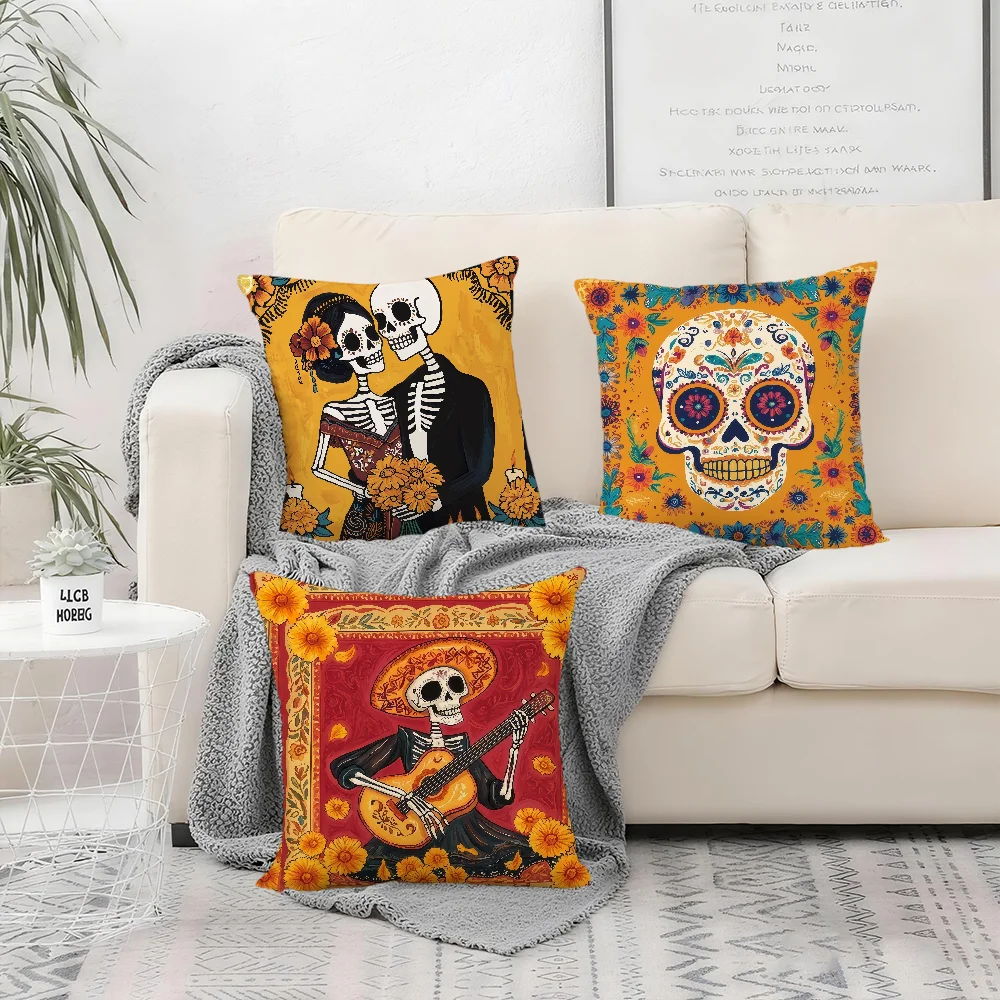 Vibrant Day of the Dead Art Cushion Cover Bedroom Sofa Decorative Home Car Portable Cushion Cover with Zipper Soft Pillowcase