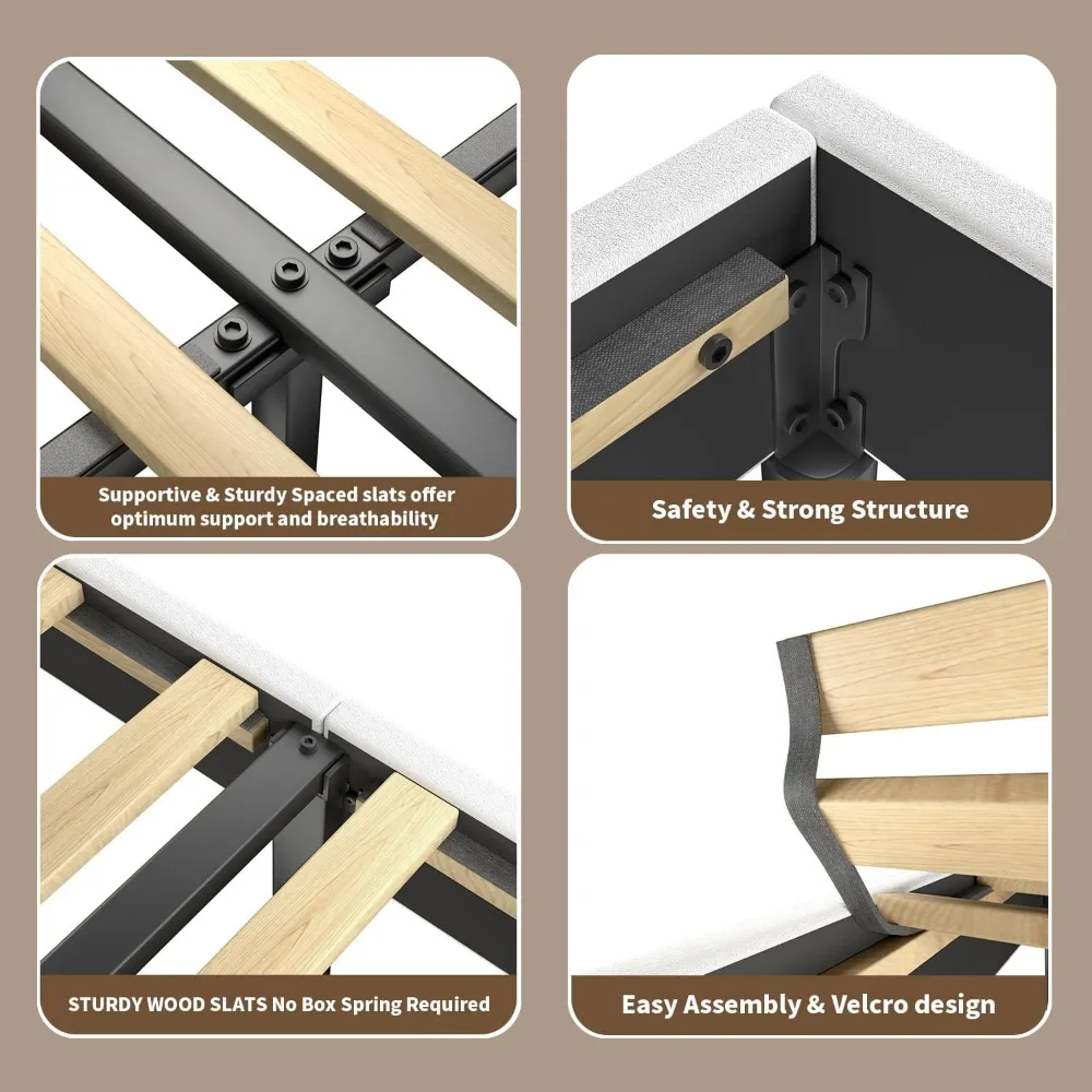 إطار سرير منجد بحجم كوين مع لوح رأسي، إطار سرير من القماش الناعم، إطار سرير بمنصة قوية منخفضة المستوى مع مقاس S #6