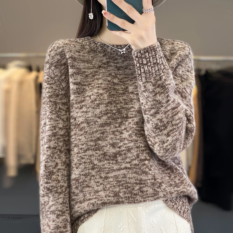 Women\'s 100% Pure Wool O-Neck Pullover, Long Sleeve, Computer Knitted Fashion, Versatile Short Sweater, New Style, 2023