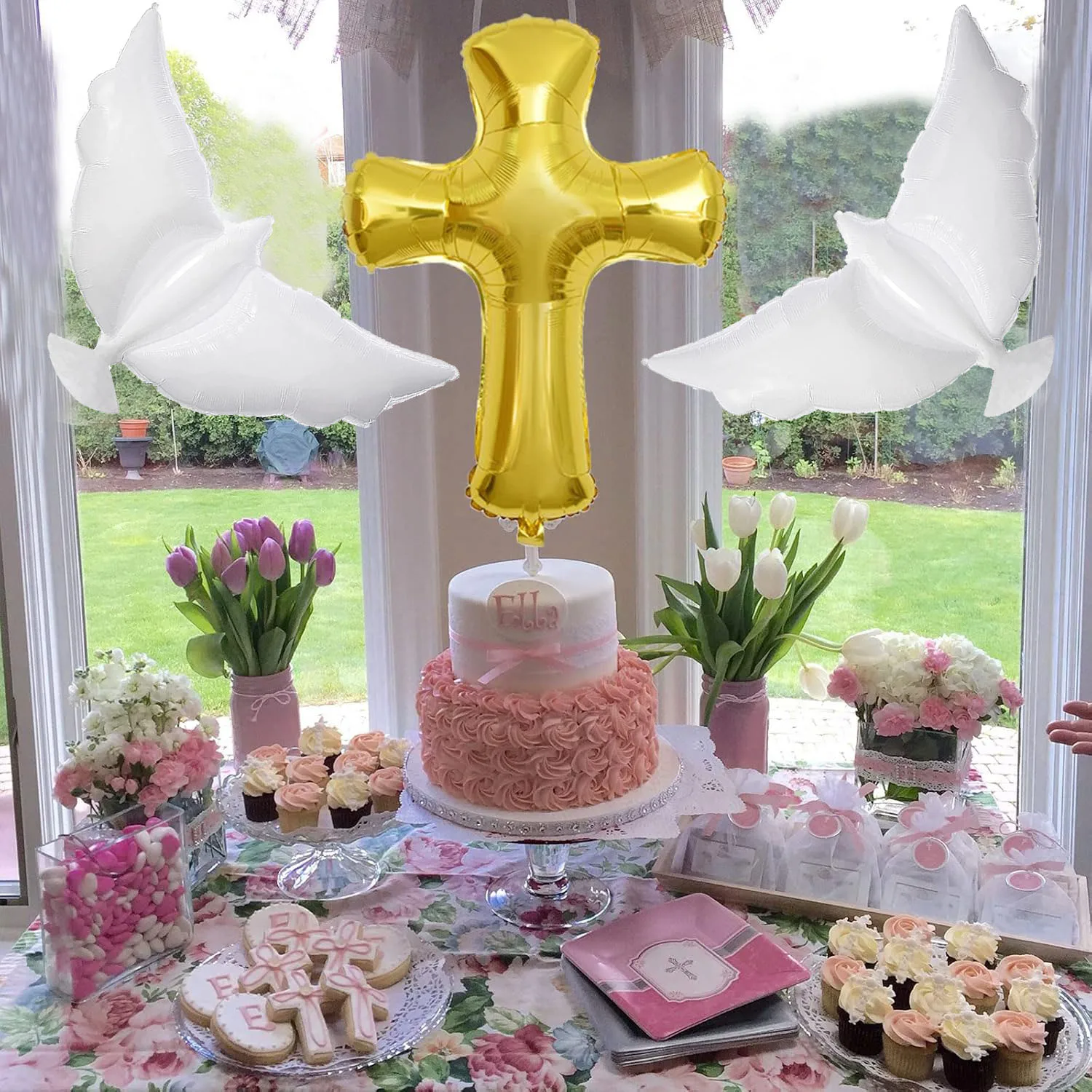 3/1 Stück weiße Tauben, goldenes Kreuz, Folienballons, Taufeballons für Erstkommunion, Gott segne Taufe, Erinnerung, Hochzeit, Geburtstag – Detail 3