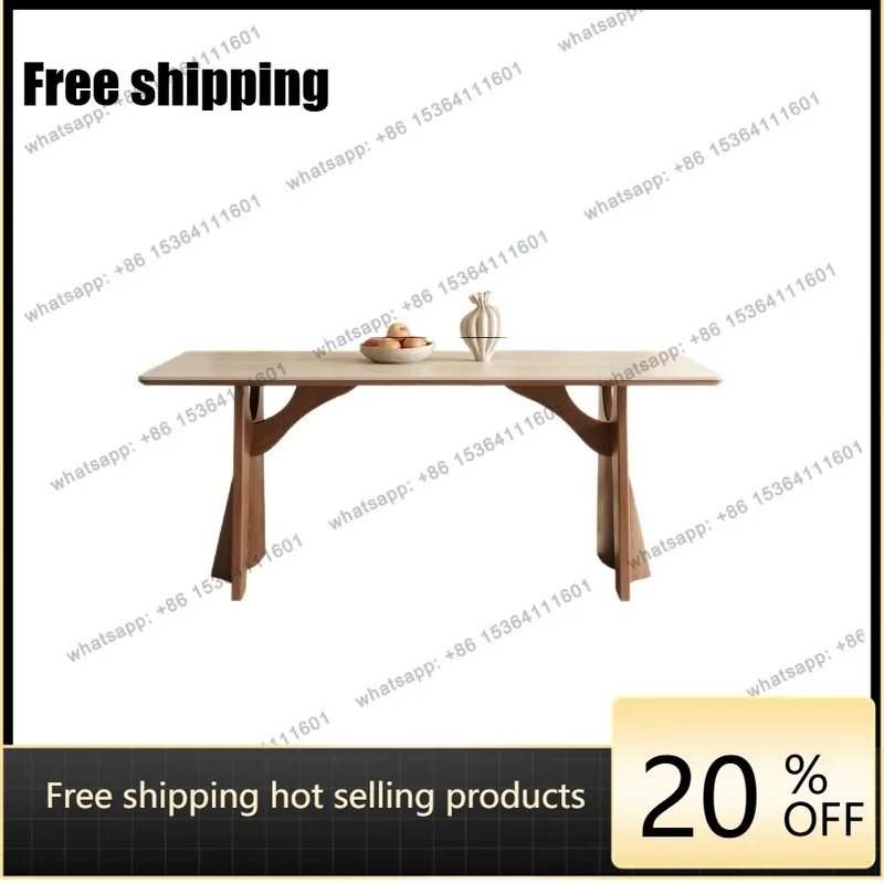 YJ medieval wabi sand wind travertine rock slab dining table small apartment rectangular rock slab solid wood dining table