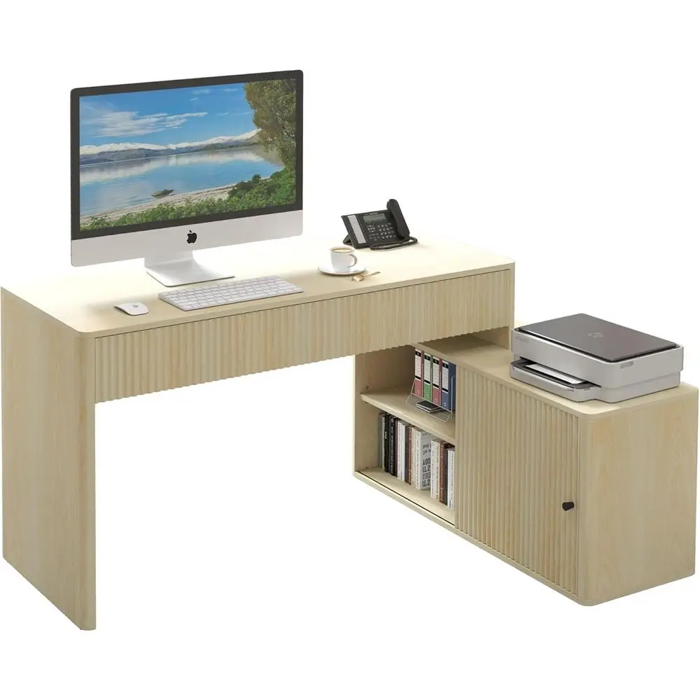 L Shaped Desk with Drawers, Home Office Desk or Bedroom, Small Space, Writing, Executive, Study, Work, Vanity - Natural