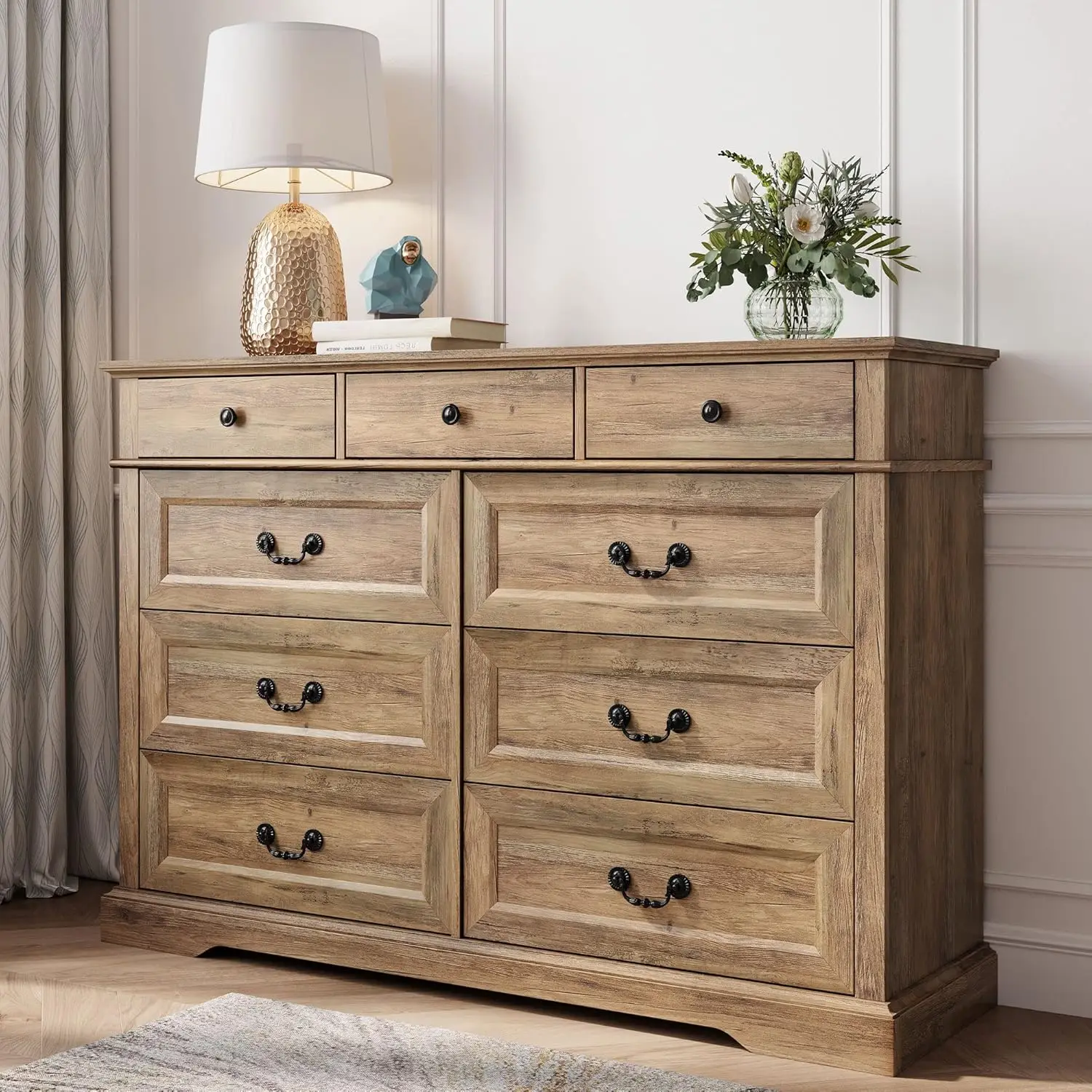 Linsy Home Dresser For Bedroom, 9 Drawer Long Dresser With Antique Handles, Wood Chest Of Drawers For Living Room, Entryway And