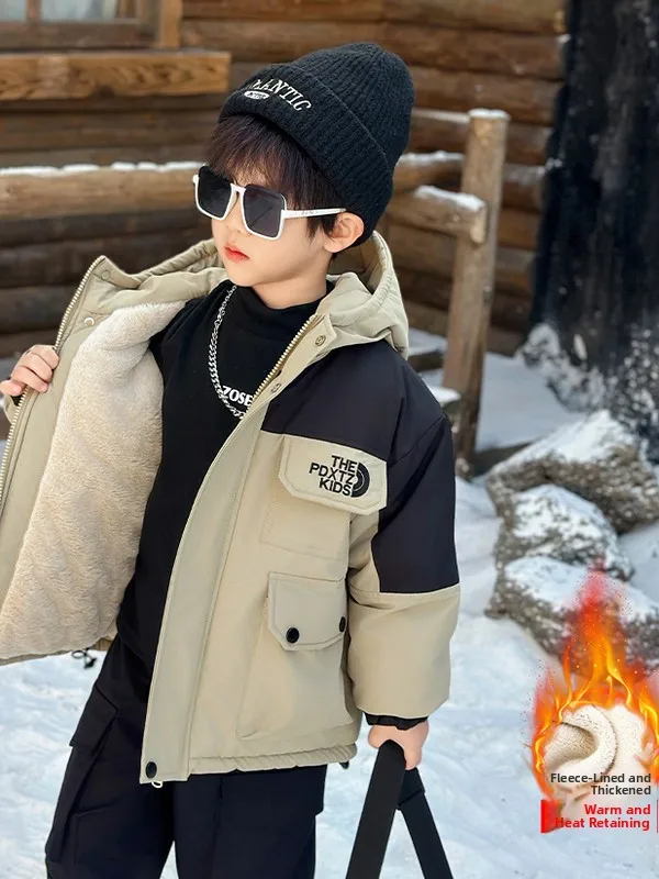 

Thiened Fce Winter Jaet for Boys Hooded Windbreaker Coat Youth Faion Cotton Clothes Teenage Casual Stand Fit