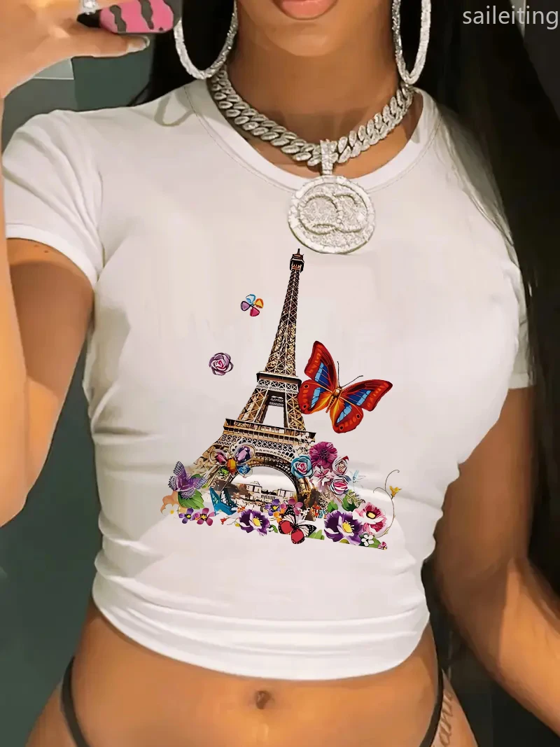 

Paris T-Shirt with Eiffel Tower and Butterfly Floral Design Crop Top T Shirt Women's Print Shirt Sexy Cropped Aesthetic Clothes