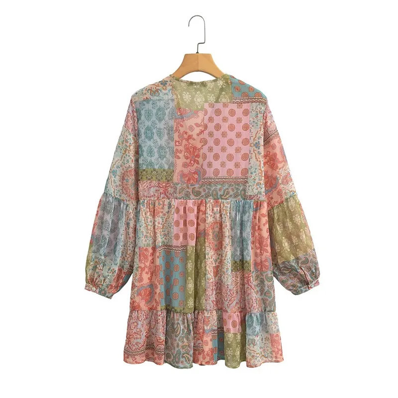 Vestido F de Manga Longa com Estampa em Patchwork, Decote em V, Moda Tendência para o Verão 2023, Saia A-Line de Cintu...