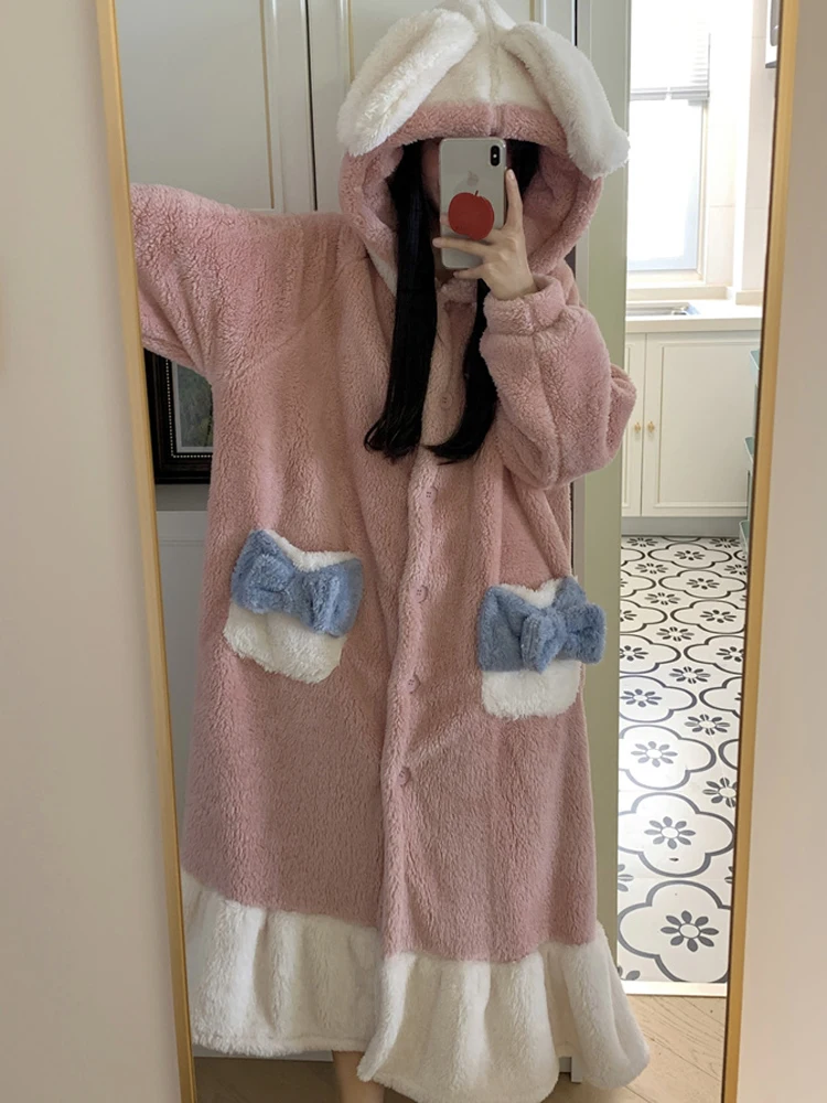 Winter Full Sleeve Kawaii Hooded Rabbit Ear Bow Sweety Princess Flannel Comfort Pajamas Single breasted Thickening Pajamas Dress