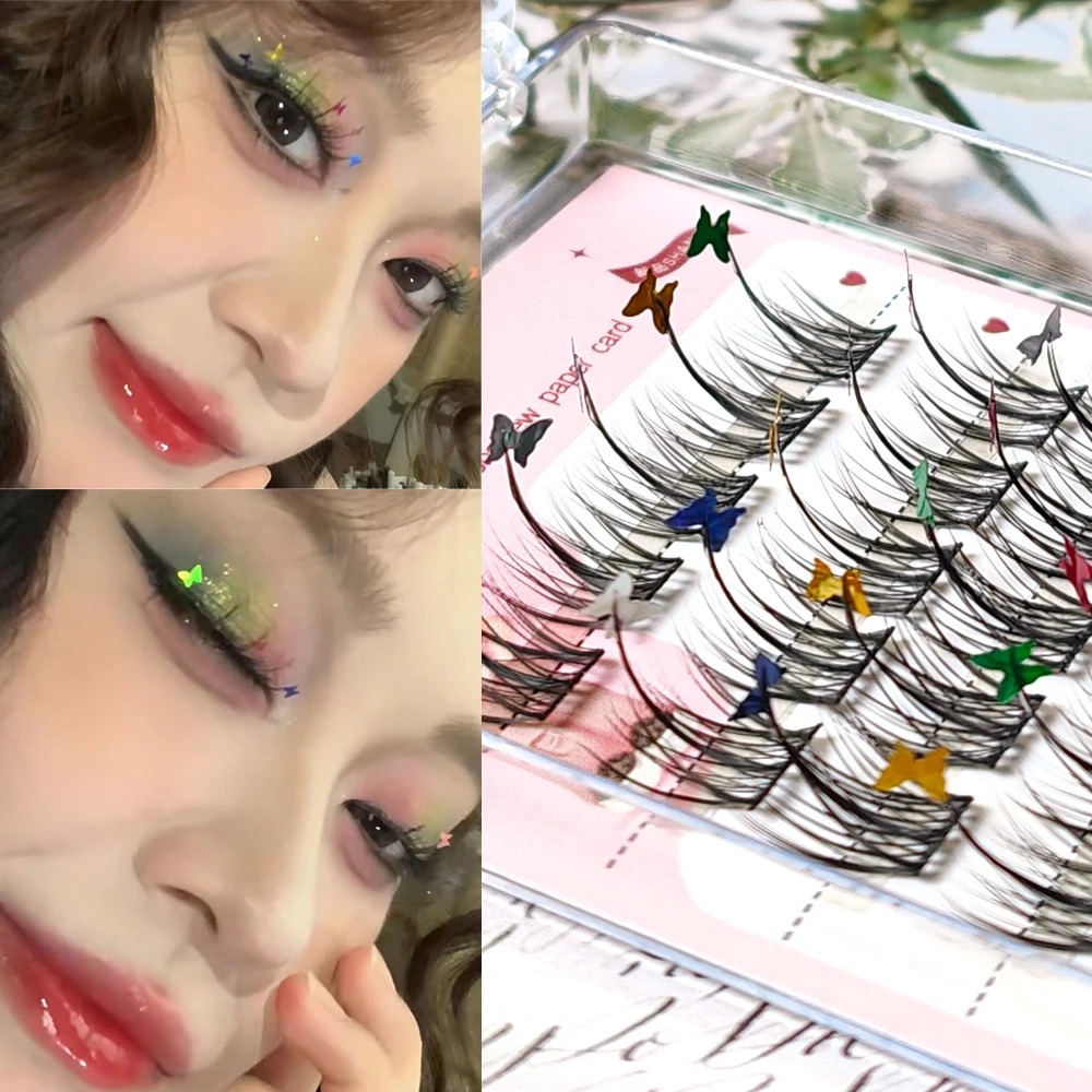 Natural Individual Lashes With Butterfly Glitter Shinny Wide Thin Band False Eyelashes Fairy  Segmented Eyelash Cluster