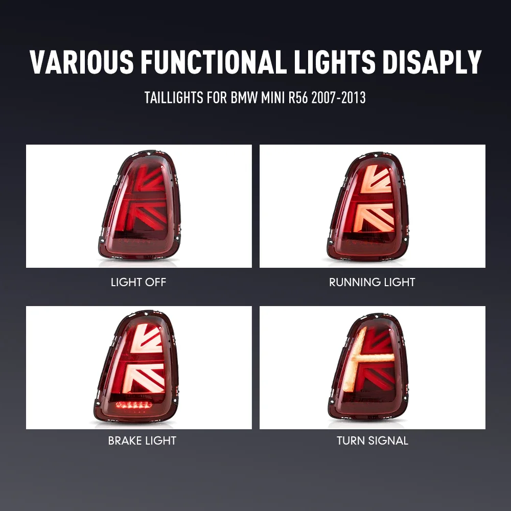 BMW MINI R56 2007-2013用LEDテールライトペア、DRL、リバース、ブレーキ、ターンシグナル、プラグアンドプレイ、車リアテールライトアセンブリ