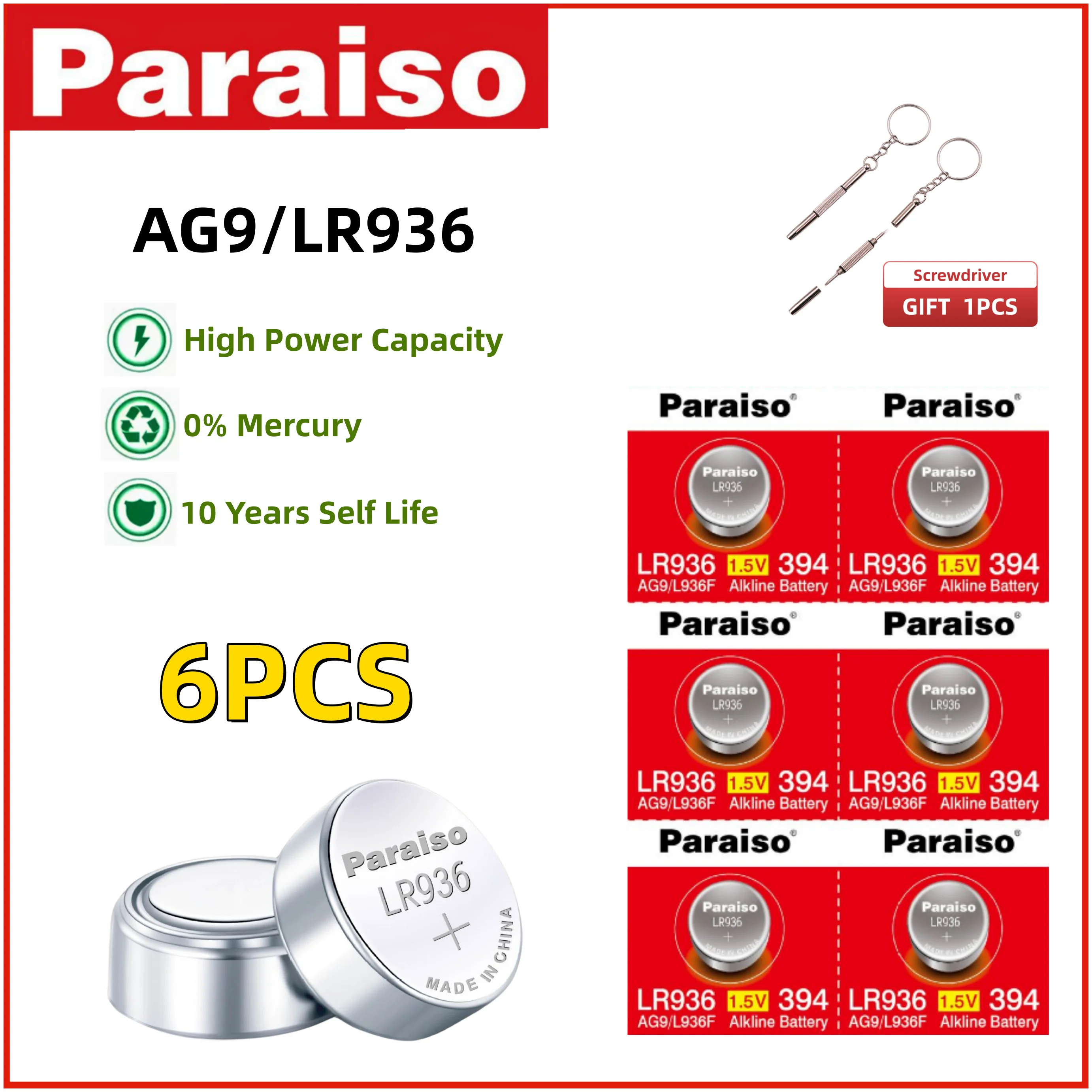 

Paraiso 2-50pcs AG9 LR936 Button Cell Battery 10 Years Shelf Life 0% Mercury for Watches, Flashlights, Toys, Wearable items